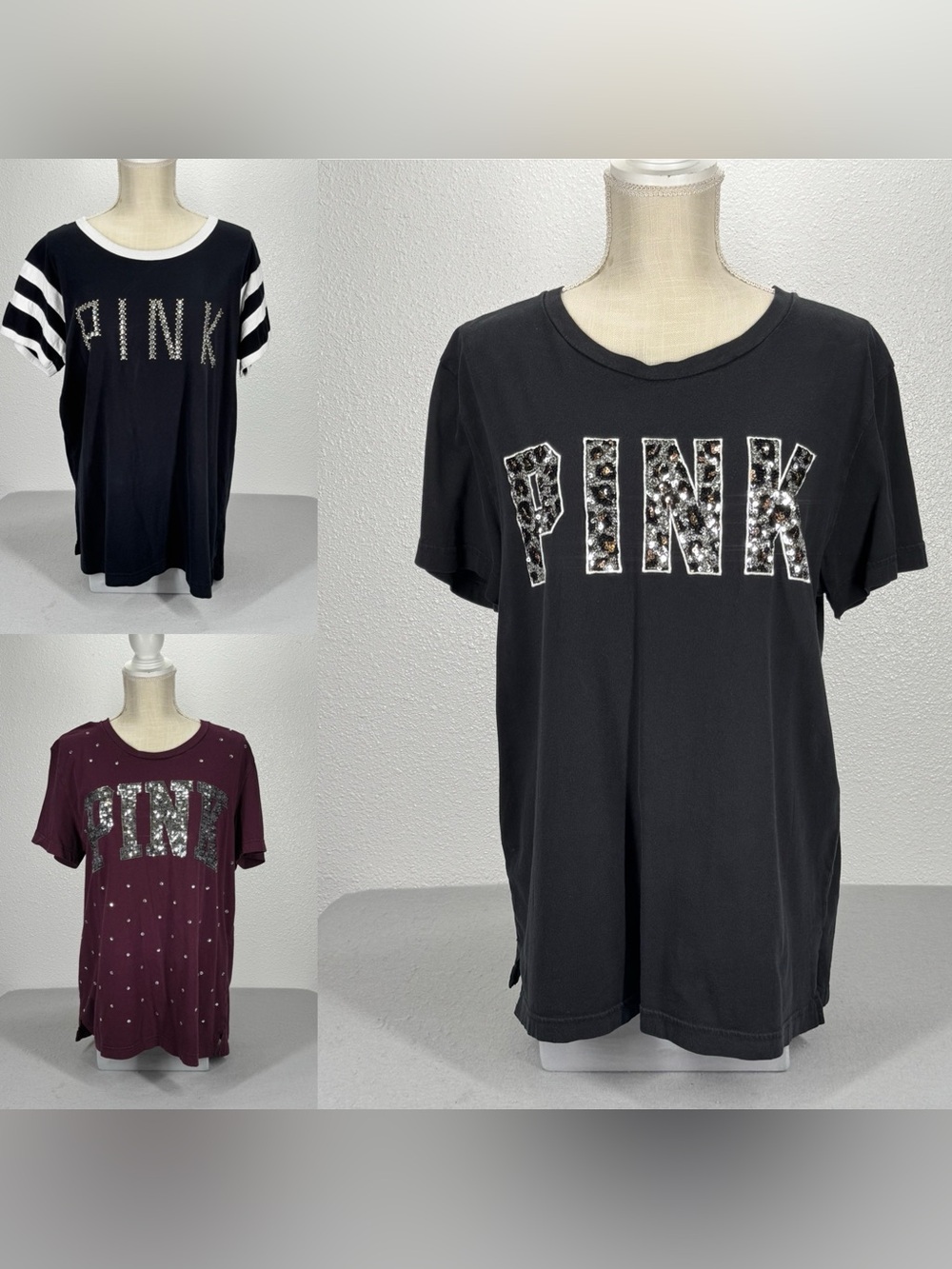 3 PINK Victoria's Secret Short-Sleeve Tees with Sequin/Rhinestone Logos LARGE